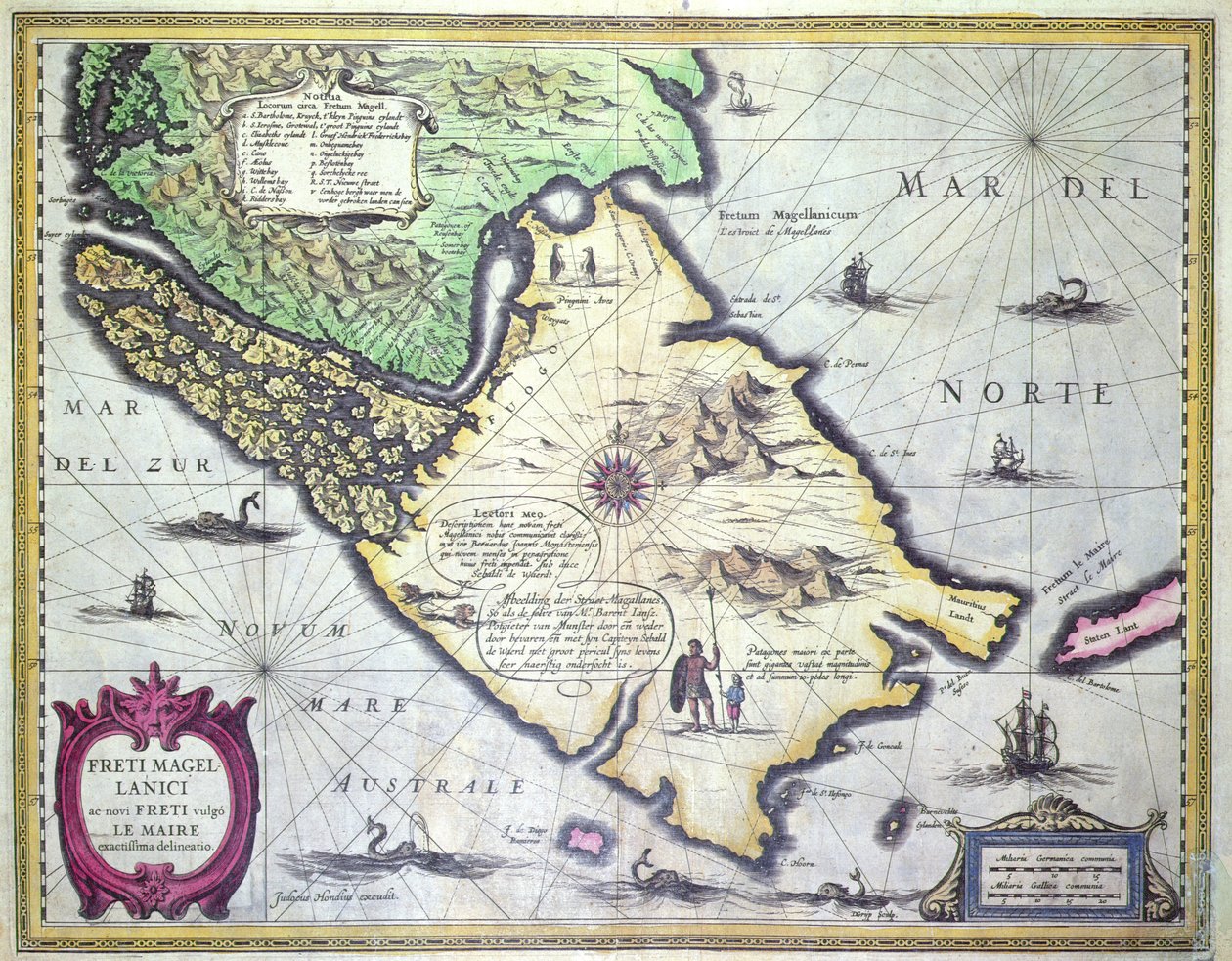 マゼラン海峡の地図、パタゴニア（カラー彫刻）